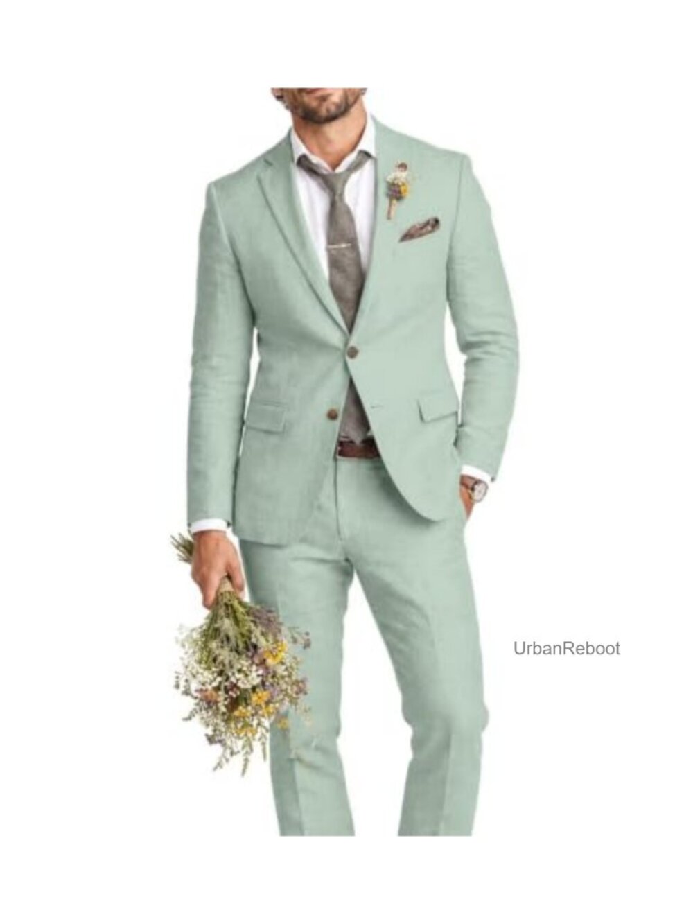 Mens Linen 2 Piece Suit Set Slim Fit Single Breasted Blazer & Pant Summer Beach